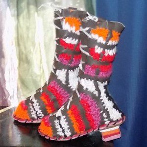 Leather/Crochet-Mix Boots - orange,pink,red,white